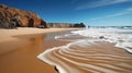 A sandy beach with waves coming in from the water and a cliff in the distance with a blue sky and clouds above it and a blue ocean Royalty Free Stock Photo