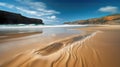 A sandy beach with waves coming in from the water and a cliff in the distance with a blue sky. Generative AI Royalty Free Stock Photo