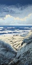 Sandy Beach Woodcut: Serene Coastal Landscape With Fog