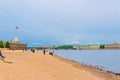 Sandy beach on Zayachy Hare Island near Peter and Paul Fortress Royalty Free Stock Photo