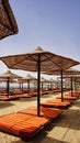 Sandy beaches with umbrella and sunbeds in Egypt