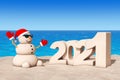 Sandy Christmas Snowman at Sunny Beach with 2021 New Year Sign. 3d Rendering