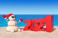 Sandy Christmas Snowman at Sunny Beach with 2021 New Year Sign. 3d Rendering