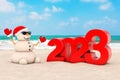 Sandy Christmas Snowman at Sunny Beach with 2023 New Year Sign. 3d Rendering