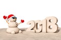 Sandy Christmas Snowman at Sunny Beach with 2018 New Year Sign.