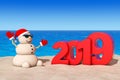 Sandy Christmas Snowman at Sunny Beach with 2019 New Year Sign.