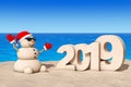 Sandy Christmas Snowman at Sunny Beach with 2019 New Year Sign.