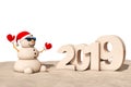 Sandy Christmas Snowman at Sunny Beach with 2019 New Year Sign.