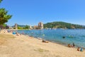 The sandy city beach at Independence Point near the Coeur d`Alene Resort on the lake at Coeur d`Alene, Idaho.