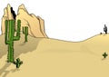 Sandy Desert with Cacti and Sandstone Rock in the Background