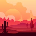 Wild Mexican desert landscape with cactus plants and beautiful sunset. Natural scenery. Vector design in gradient colors Royalty Free Stock Photo