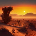 Sandy Desert Landscape, Tragic Mexican Sunset, Cactus Silhouettes on Red Background, Generative Ai Illustration Royalty Free Stock Photo