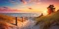 sandy dunes on Baltic beach,sunset on beach ,pine trees,sun reflection on se water