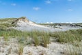 Sandy dunes overgrown by clumps of grass and blue sky with white clouds in sunny summer day. Lacka dune near Leba.