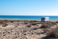 Sandy dunes and turquoise water of Sotavento beach, Costa Calma, Fuerteventura, Canary islands, Spain in winter, camper car Royalty Free Stock Photo