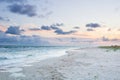 Sandy empty sea coast seaview, cloudy colourful sunrise sky view