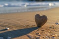 Sandy heart shape silhouette at sunset sea beach, valentines day, wedding, honeymoon or love greeting card concept