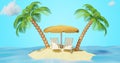 Sandy island with an umbrella and two deckchairs. Vacation solitude travel summer. Royalty Free Stock Photo