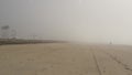 Sandy misty beach California USA. Pacific ocean coast dense fog on sea shore. Milky smog brume haze