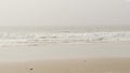 Sandy misty beach California USA. Pacific ocean coast, dense fog on sea shore. Waves in brume haze.