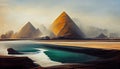 Sandy mountains near the water. Giant sand pyramids. Fictional landscape. AI-generated