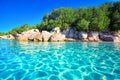 Sandy Palombaggia beach with pine trees and azure clear water, Corsica, France