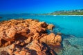 Sandy Palombaggia beach with red rocks, pine trees and azure clear water, Corsica, France, Europe.