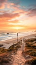Ethereal Sunset Path Leading to Beach. Generative AI. Royalty Free Stock Photo