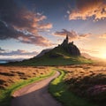 Sandy path to the top of a rock Castle Ewen on the Isle of Skye. Sunset in summer of a landscape in Scotland in the