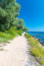 Sandy path with trees to estuary Vistula River to the Baltic Sea at summertime