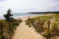 Sandy pathway access to french sea beach of atlantic ocean in summer day