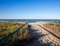 Sandy pathway entrance to the beach with wooden rails Gold Coast Australia