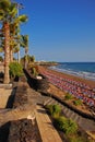 Sandy playa beach with colourful sunbathing umbrellas & sundeck sunbeds chairs at Puerto Del Carmen, Lanzarote, Spain