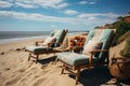 Sandy recliners Chaise lounges on the beach offer restful waterfront relaxation