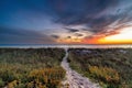 Sandy road with grass leading to the beach during orange sunset Royalty Free Stock Photo