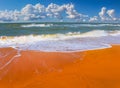 sandy sea beach with waves under a cloudy sky Royalty Free Stock Photo