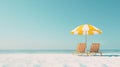 The sandy seashore with striped yellow sun loungers and a sun umbrella invite you to enjoy a wonderful holiday and sunbathing with Royalty Free Stock Photo