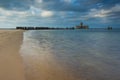 Sandy shore of Baltic sea and torpedownia near Gdynia.