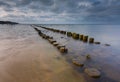 Sandy shore of Baltic sea and torpedownia near Gdynia.