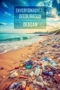 Polluted Sandy Beach Shoreline Covered in Plastic Waste During Golden Hour pollution trash Royalty Free Stock Photo