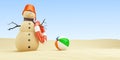 Sandy snowman on the beach Lifebuoy on a white background 3D illustration, 3D rendering