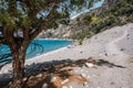 Sandy stretch of E4 walking trail passes turqouise sea, Crete