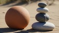 Sandy surface a smooth large brown sphere is placed next to a stack of four Royalty Free Stock Photo