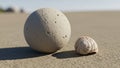 On a sandy surface a smooth round beige stone sits next to a smaller seashell Royalty Free Stock Photo