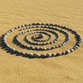 On a sandy surface, smooth stones are meticulously arranged in a spiral pattern, Royalty Free Stock Photo