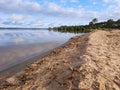 Sandy wild beach with water sky reflexion on Lake of Lacanau in Gironde france