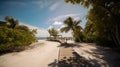 Sandy, wooden boardwalk on a tropical beach in the Florida Keys. Island ocean landscape. Royalty Free Stock Photo