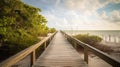 Sandy, wooden boardwalk on a tropical beach in the Florida Keys. Island ocean landscape. Royalty Free Stock Photo