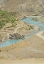 Sangam - Confluence of the Zanskar and Indus rivers flowing through beautiful dry mountains in Nimmu Valley, Ladakh, INDIA Royalty Free Stock Photo