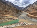 Sangam Point - Two color river - Confluence of the Indus and Zanskar at Leh Ladakh, India Royalty Free Stock Photo